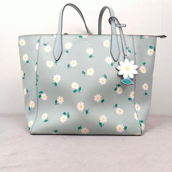 Kate Spade Dana Tote Bag Mint Green Daisy Floral Print Saffiano PVC Purse Preppy - Picture 1 of 14